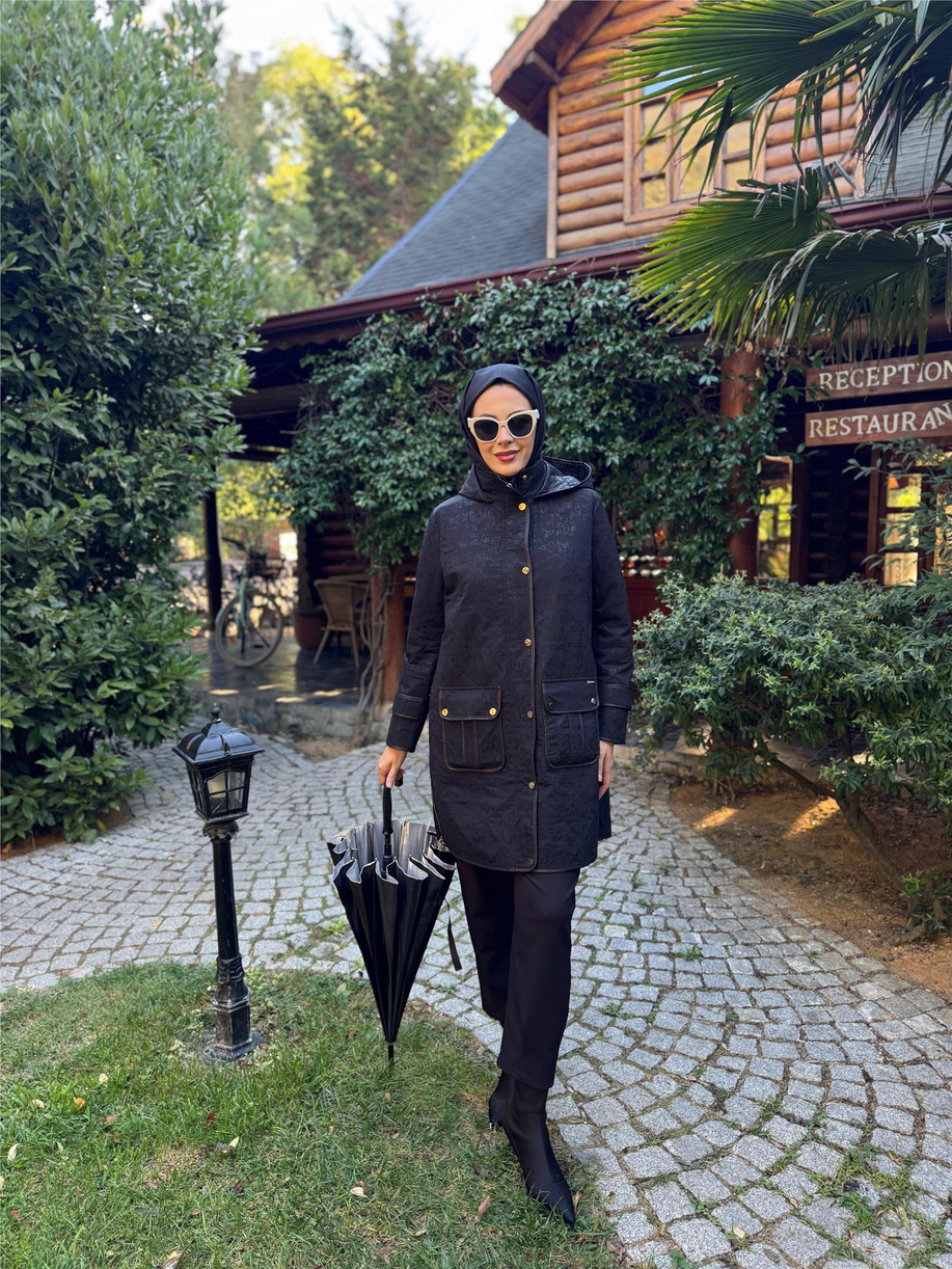 Varak Baskılı Çıtçıt Detayl Kap Siyah - 25KMB15162