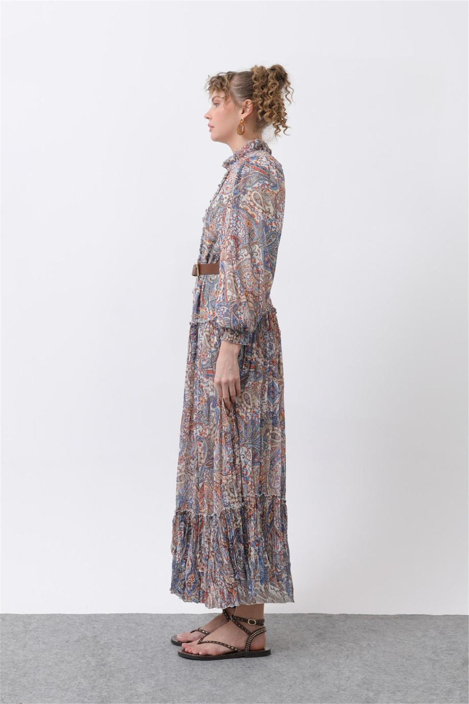 Vintage Desenli Kuşaklı Şifon Elbise Bej Turuncu - 25YP12616