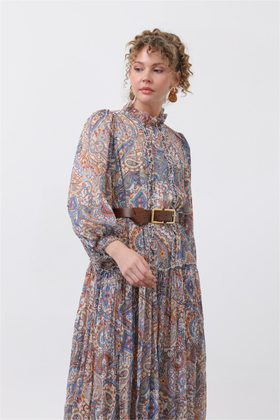 Vintage Desenli Kuşaklı Şifon Elbise Bej Turuncu - 25YP12616