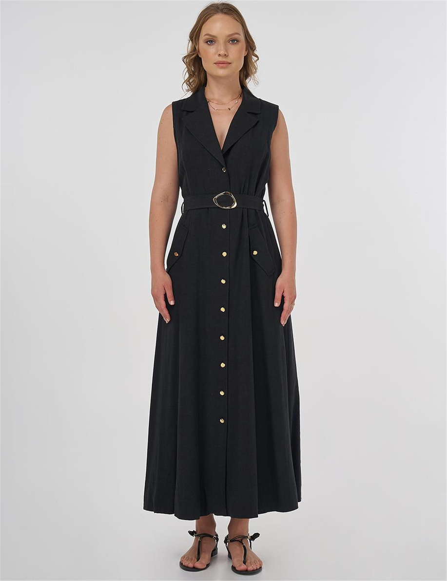 Viskon Keten Elbise Siyah