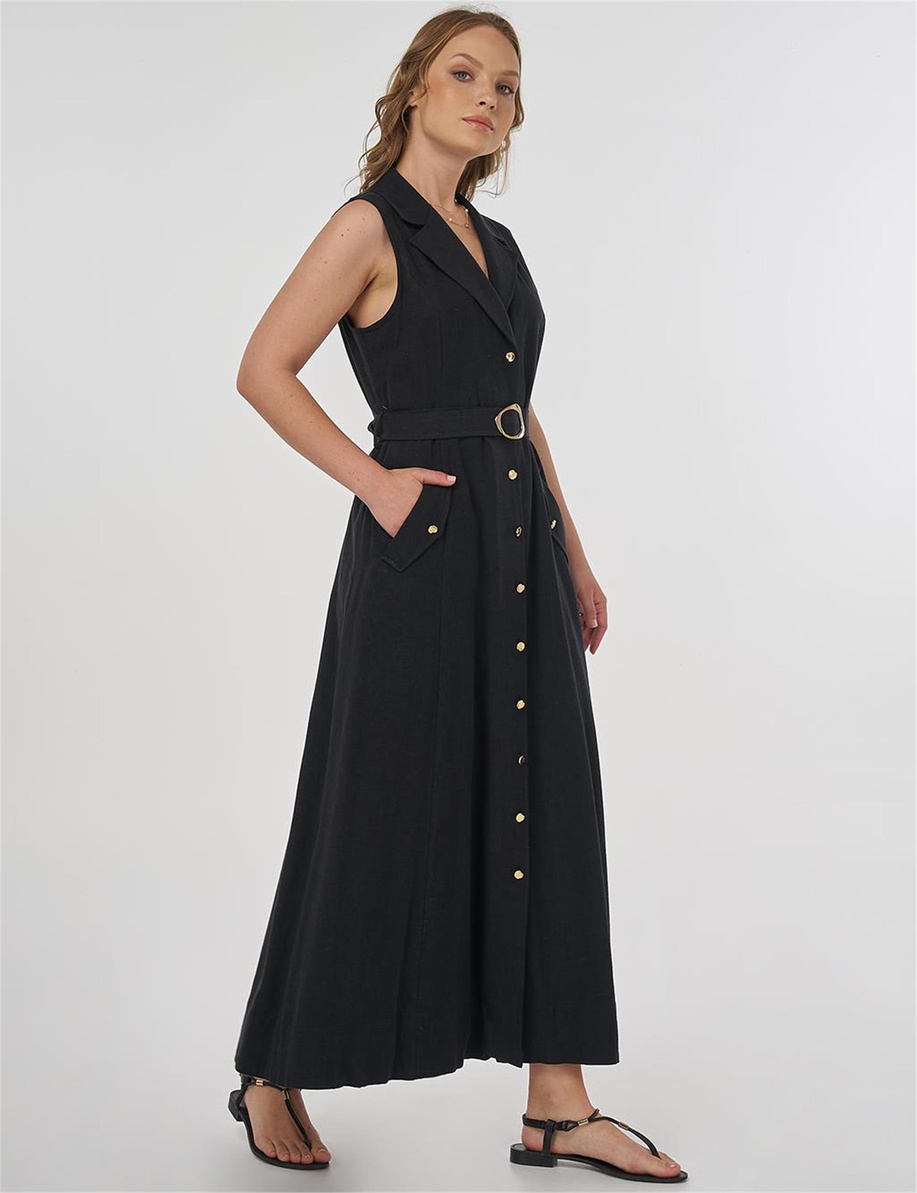 Viskon Keten Elbise Siyah