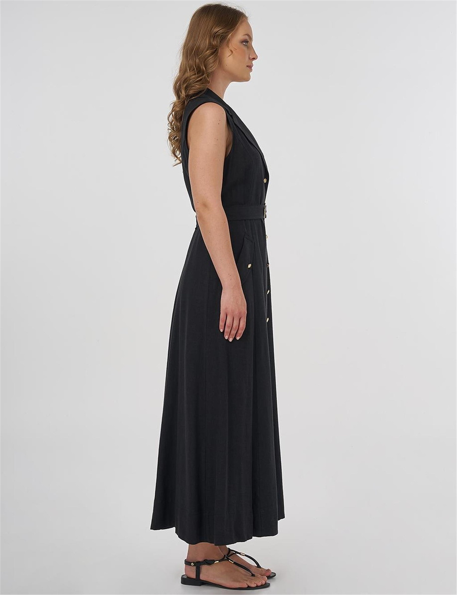 Viskon Keten Elbise Siyah