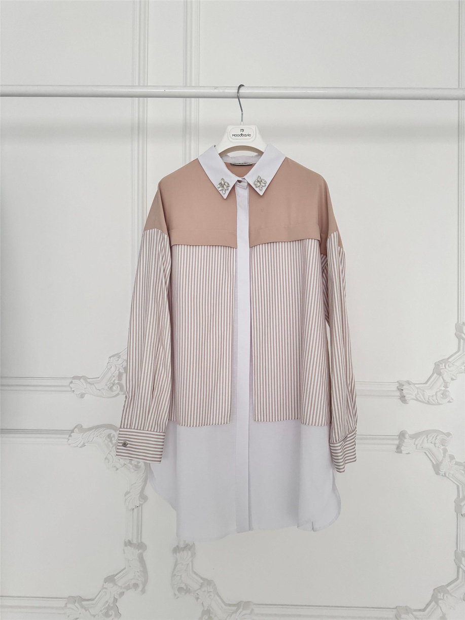 Yakası Taşlı Çizgili Bej Gömlek
