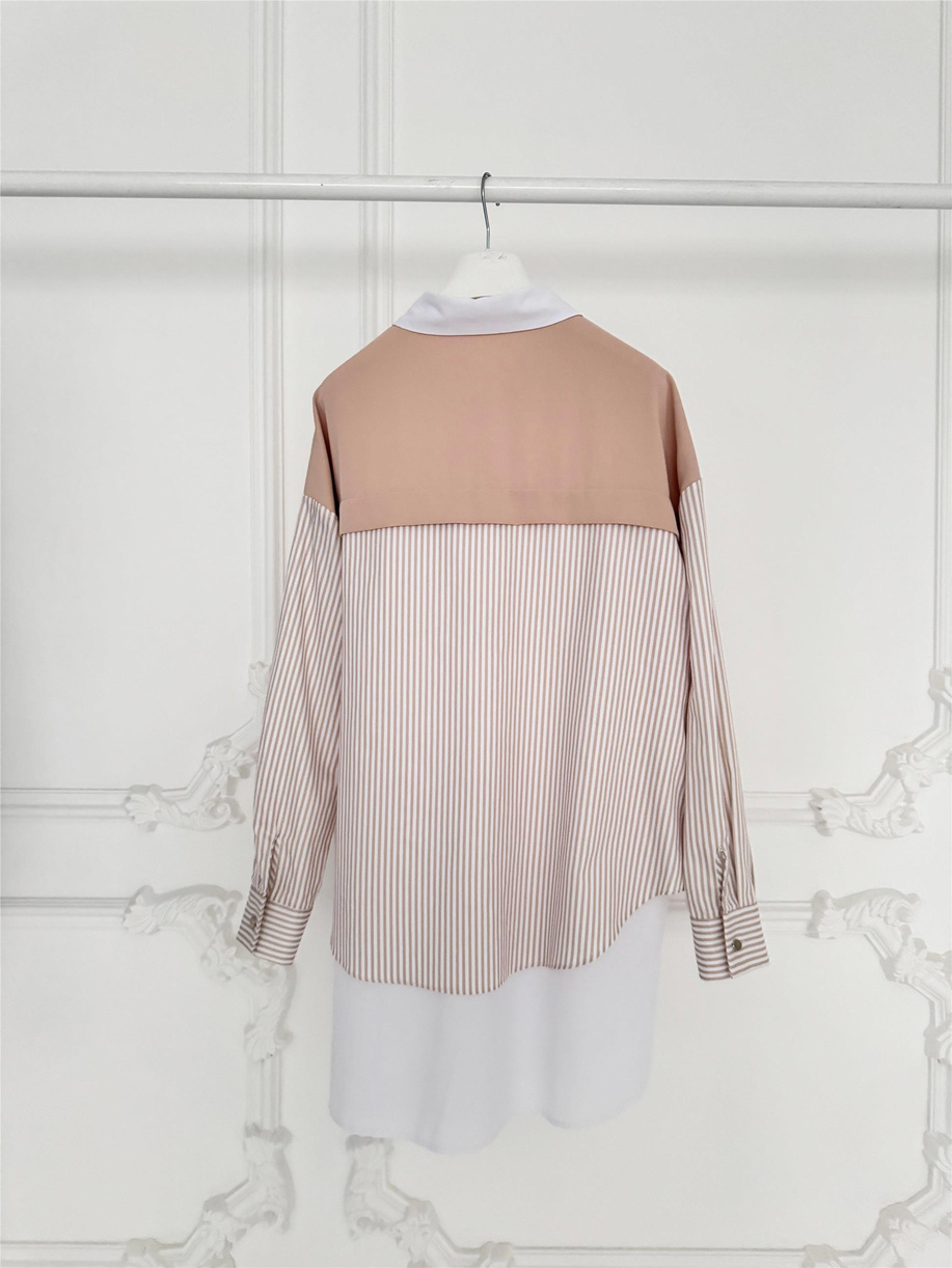 Yakası Taşlı Çizgili Bej Gömlek