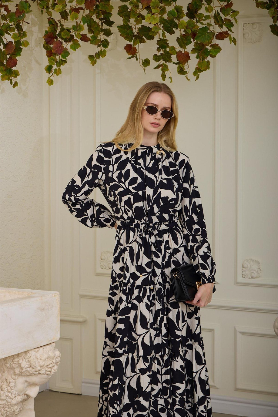 Yaprak Desenli Cupra Keten Elbise Siyah - 25YMA0604