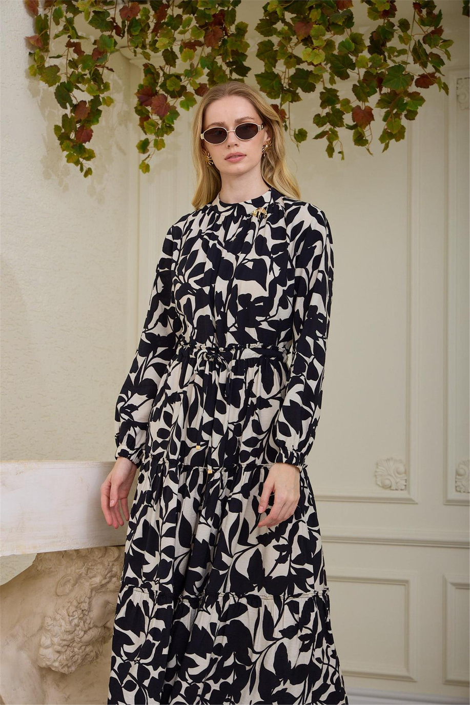 Yaprak Desenli Cupra Keten Elbise Siyah - 25YMA0604