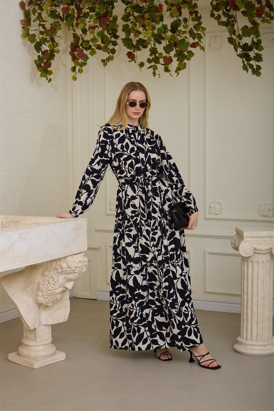 Yaprak Desenli Cupra Keten Elbise Siyah - 25YMA0604