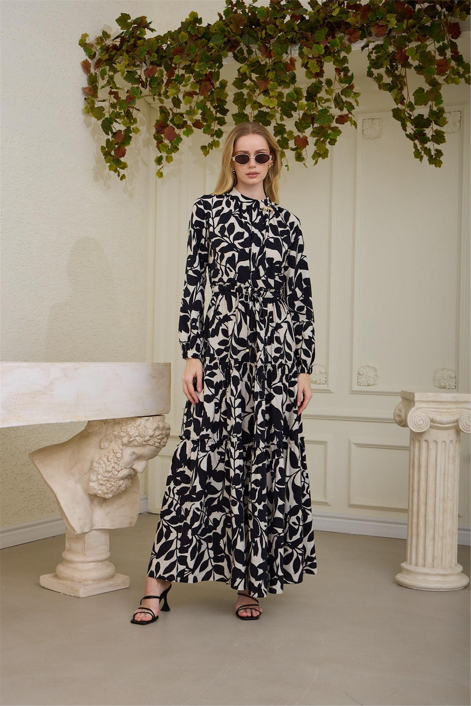 Yaprak Desenli Cupra Keten Elbise Siyah - 25YMA0604