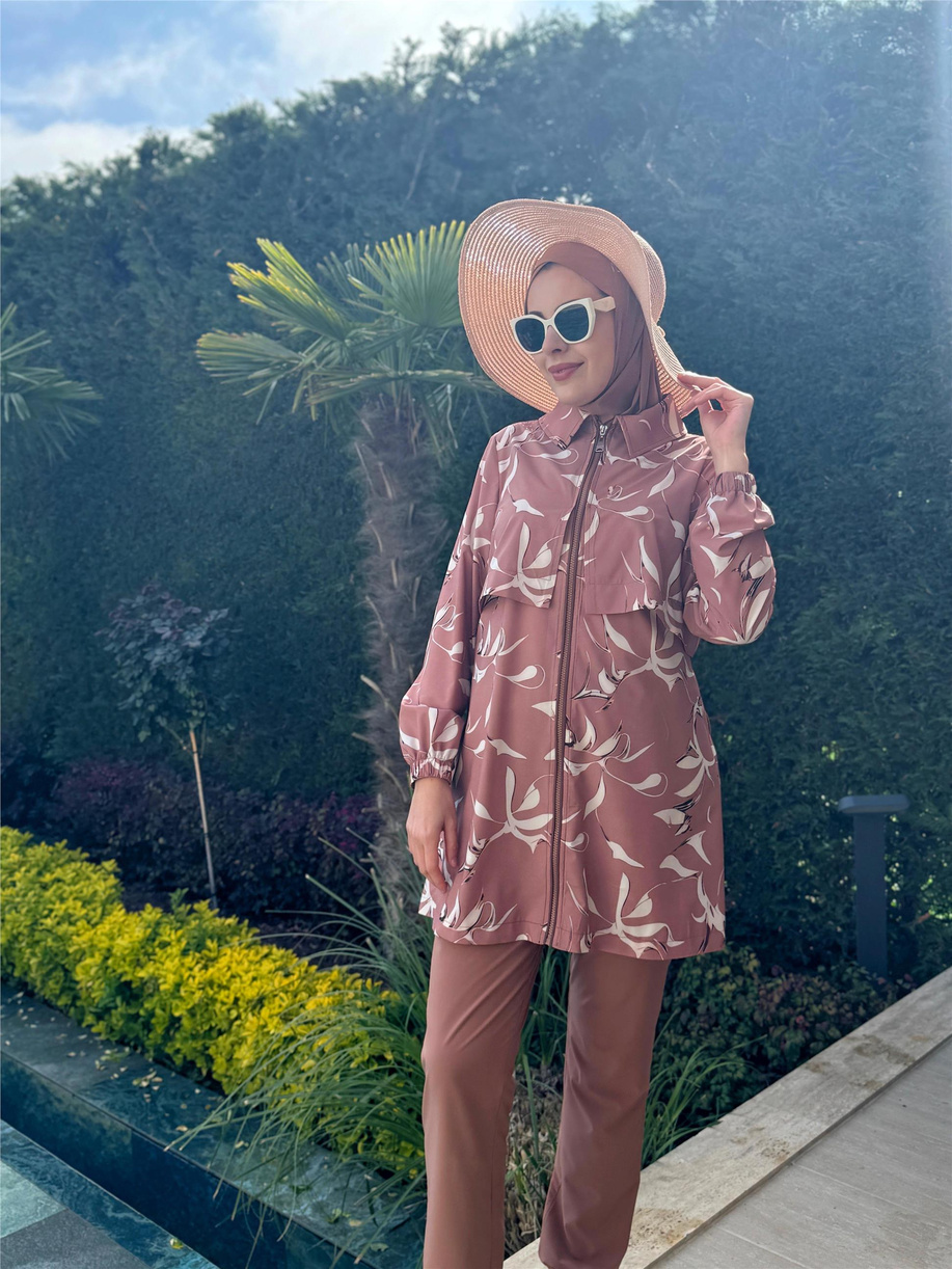 Yaprak Desenli Tesettür Mayo Mocha