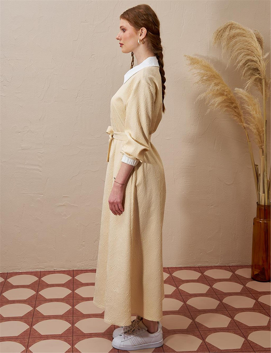 Yarım Fermuar Kapamalı Gofreli Elbise Açık Sarı