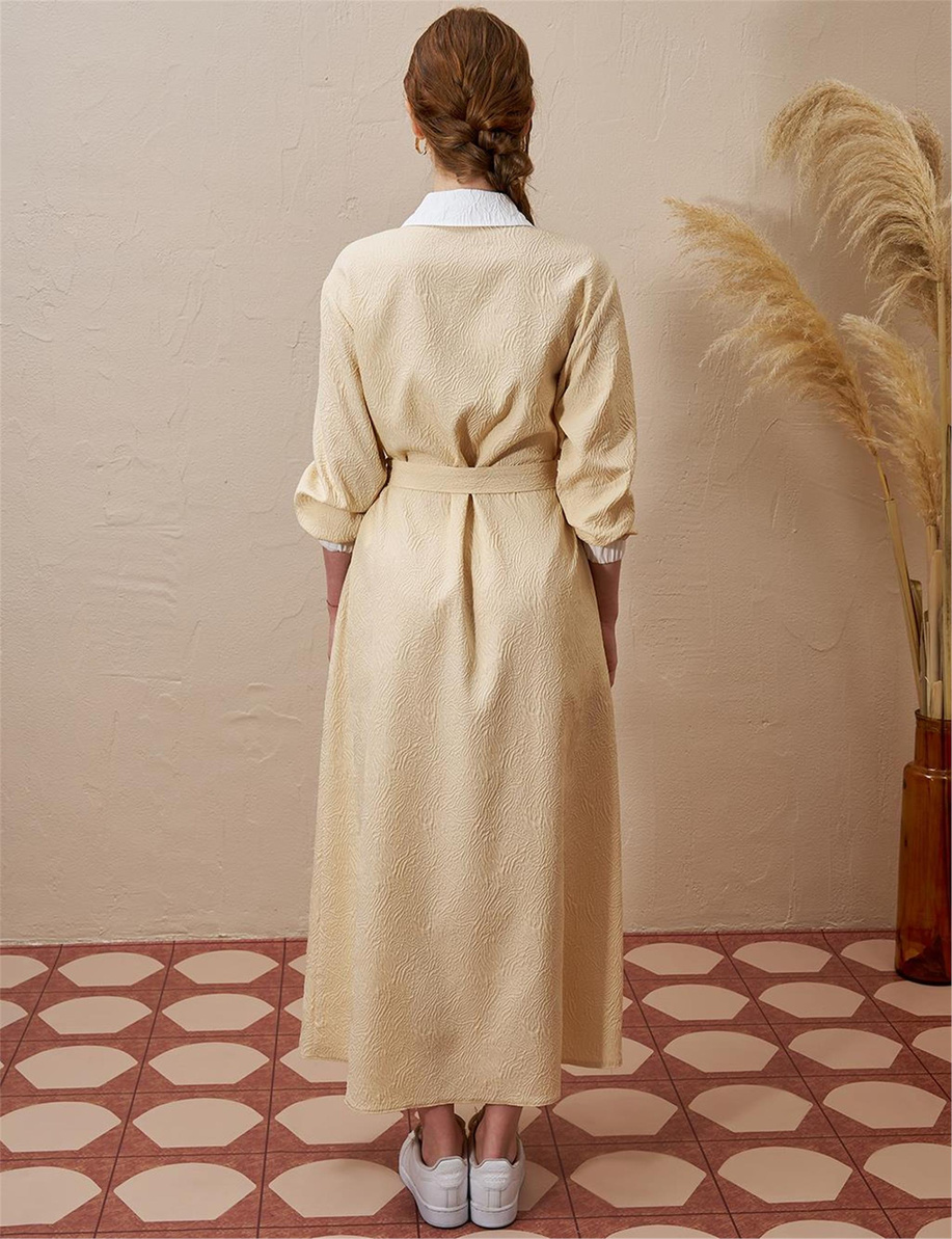 Yarım Fermuar Kapamalı Gofreli Elbise Açık Sarı