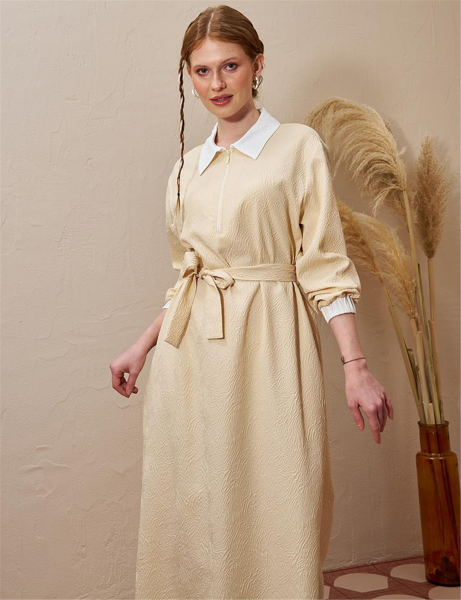 Yarım Fermuar Kapamalı Gofreli Elbise Açık Sarı