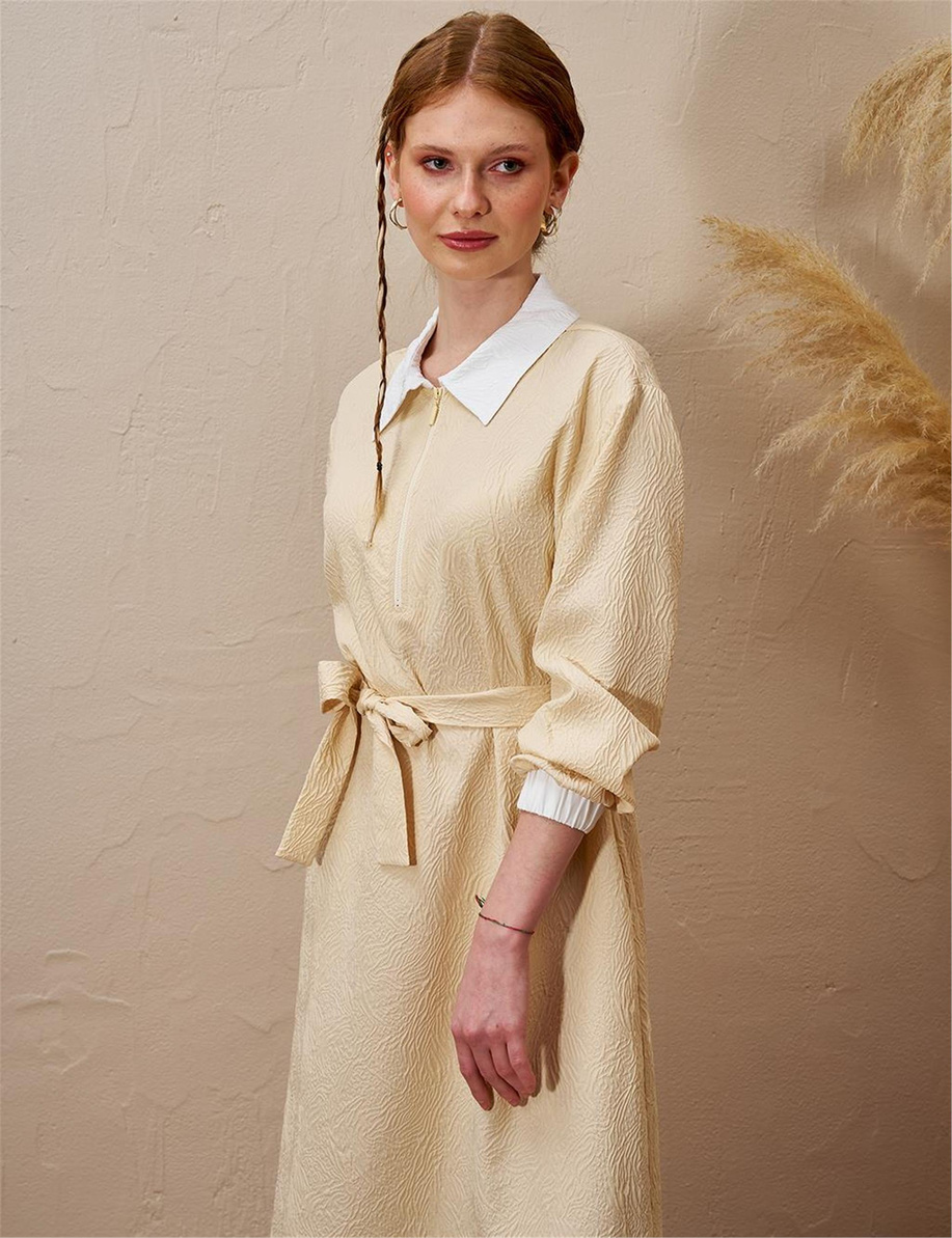 Yarım Fermuar Kapamalı Gofreli Elbise Açık Sarı