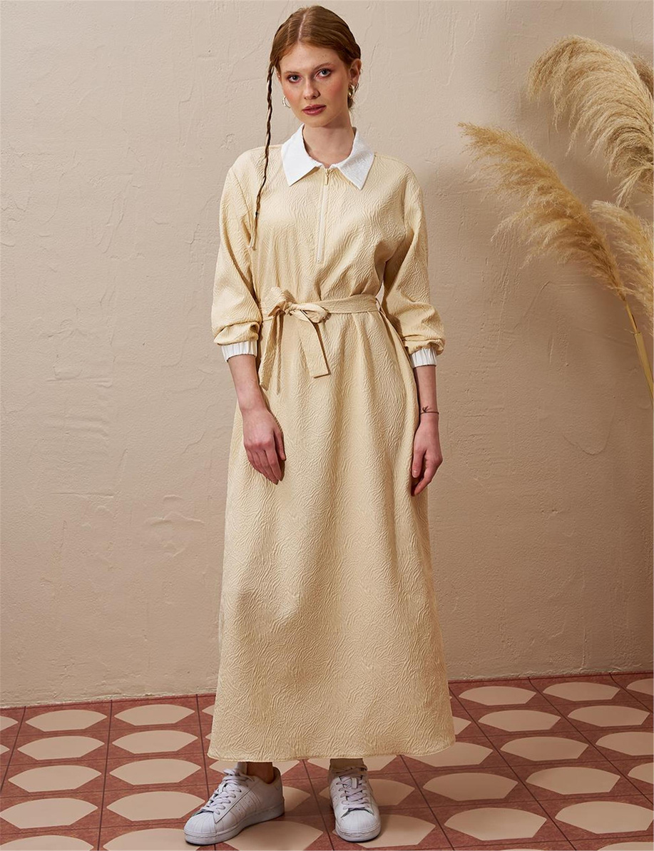 Yarım Fermuar Kapamalı Gofreli Elbise Açık Sarı