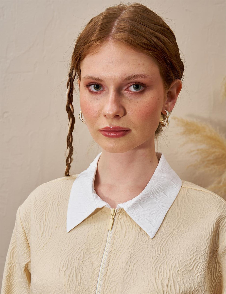 Yarım Fermuar Kapamalı Gofreli Elbise Açık Sarı