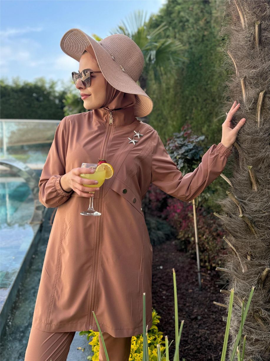 Yıldız Aksesuarlı Fermuarlı Tessettür Mayo Mocha - 25YSW36309