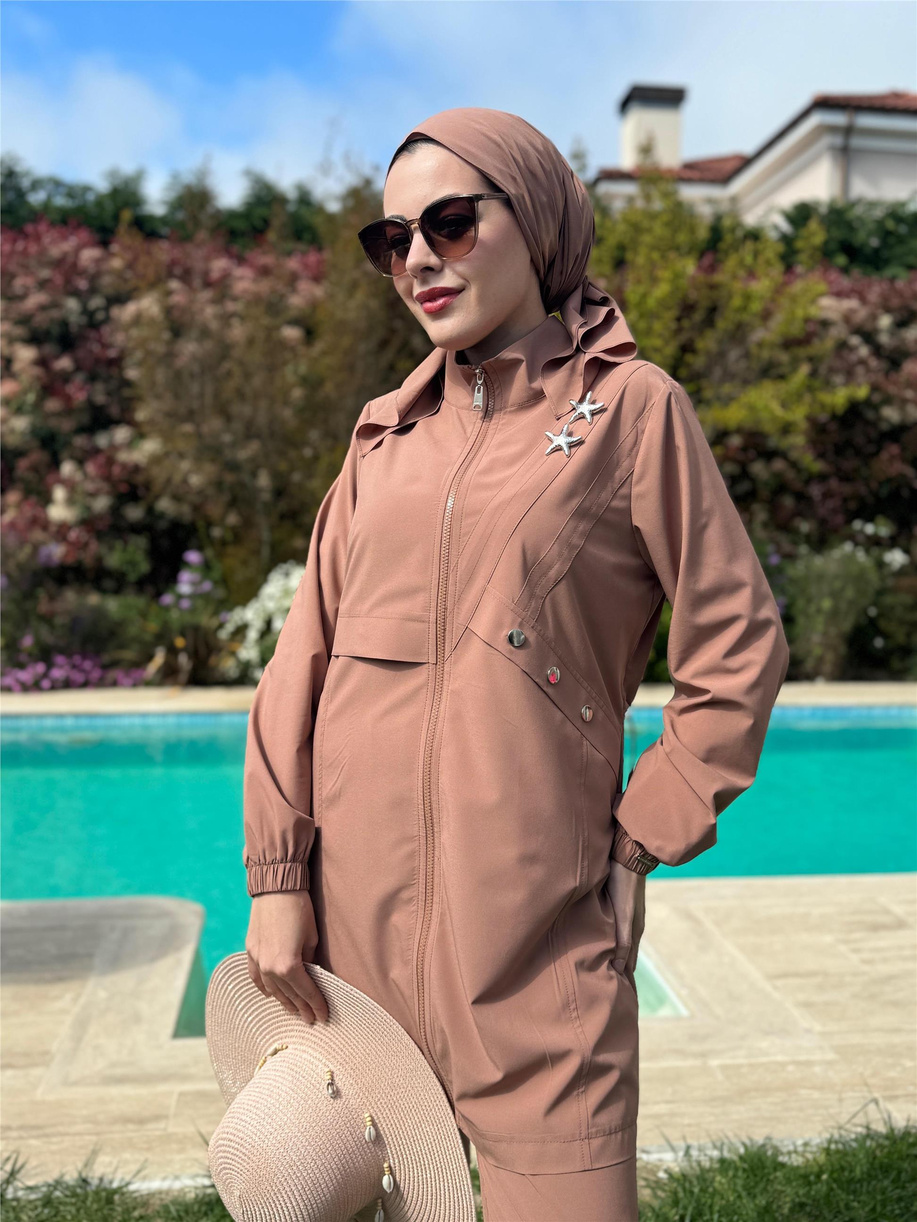 Yıldız Aksesuarlı Fermuarlı Tessettür Mayo Mocha - 25YSW36309