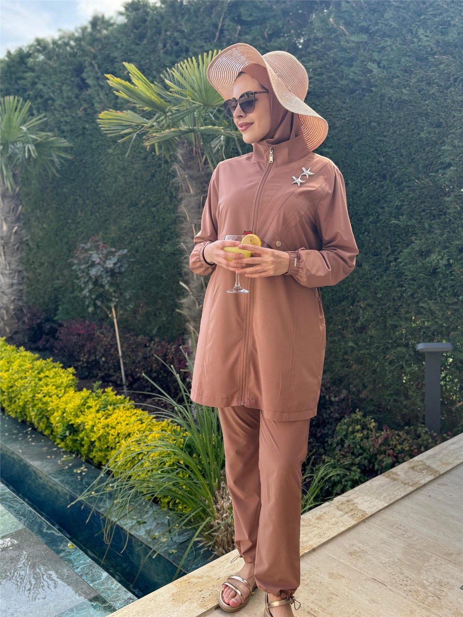 Yıldız Aksesuarlı Fermuarlı Tessettür Mayo Mocha - 25YSW36309