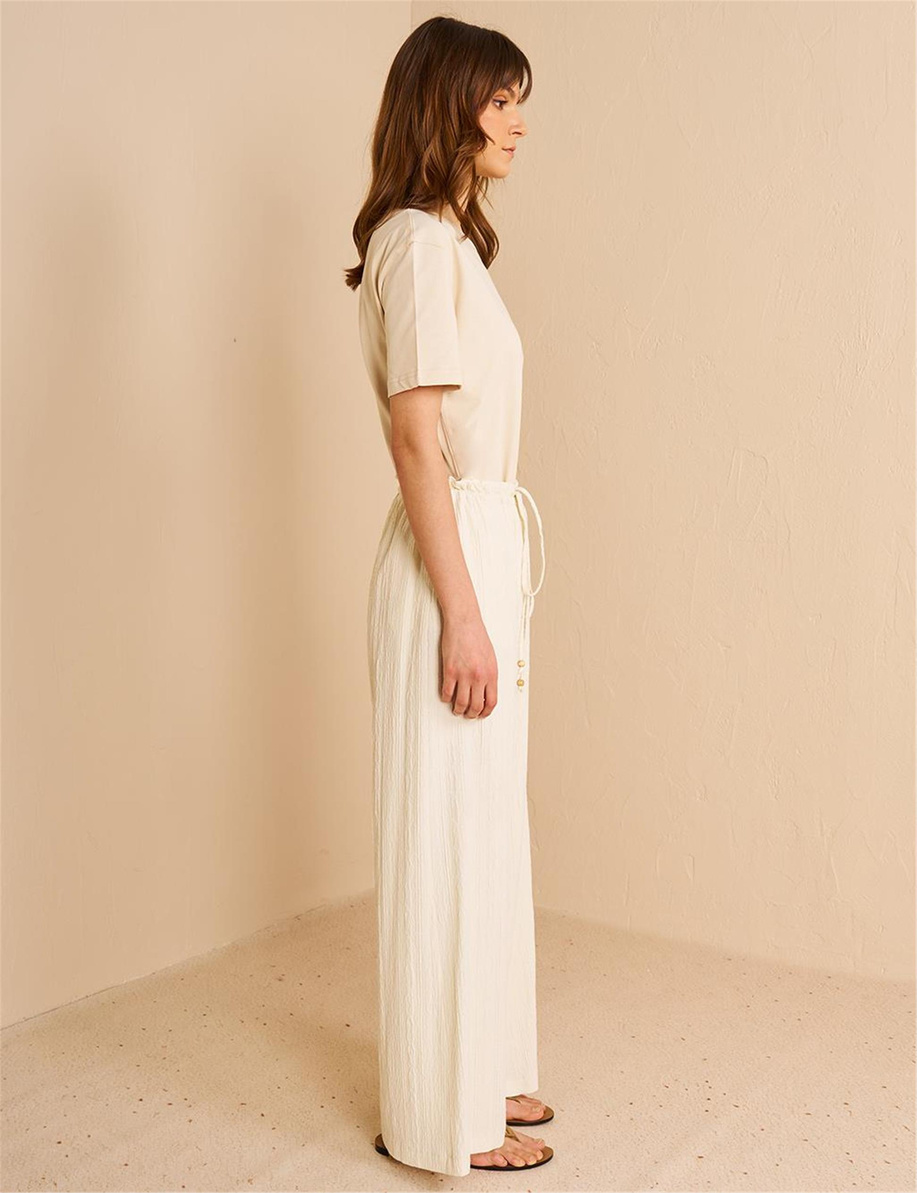 Yüksek Bel Gofreli Pantolon Ekru - KA-B25-19108