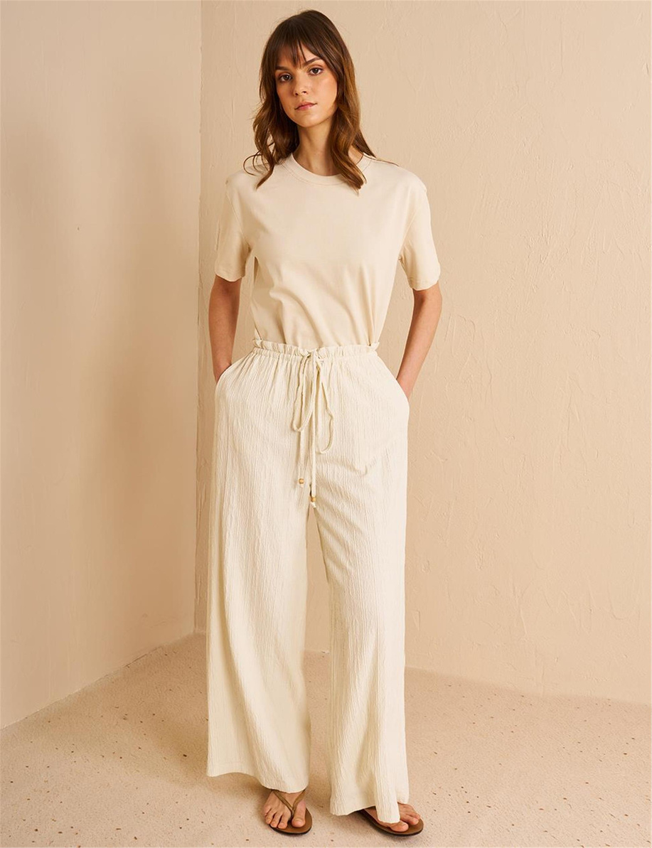 Yüksek Bel Gofreli Pantolon Ekru - KA-B25-19108