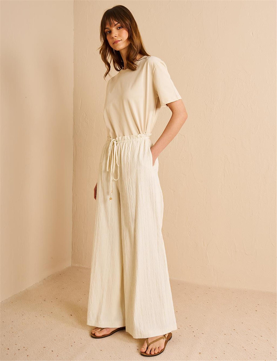 Yüksek Bel Gofreli Pantolon Ekru - KA-B25-19108