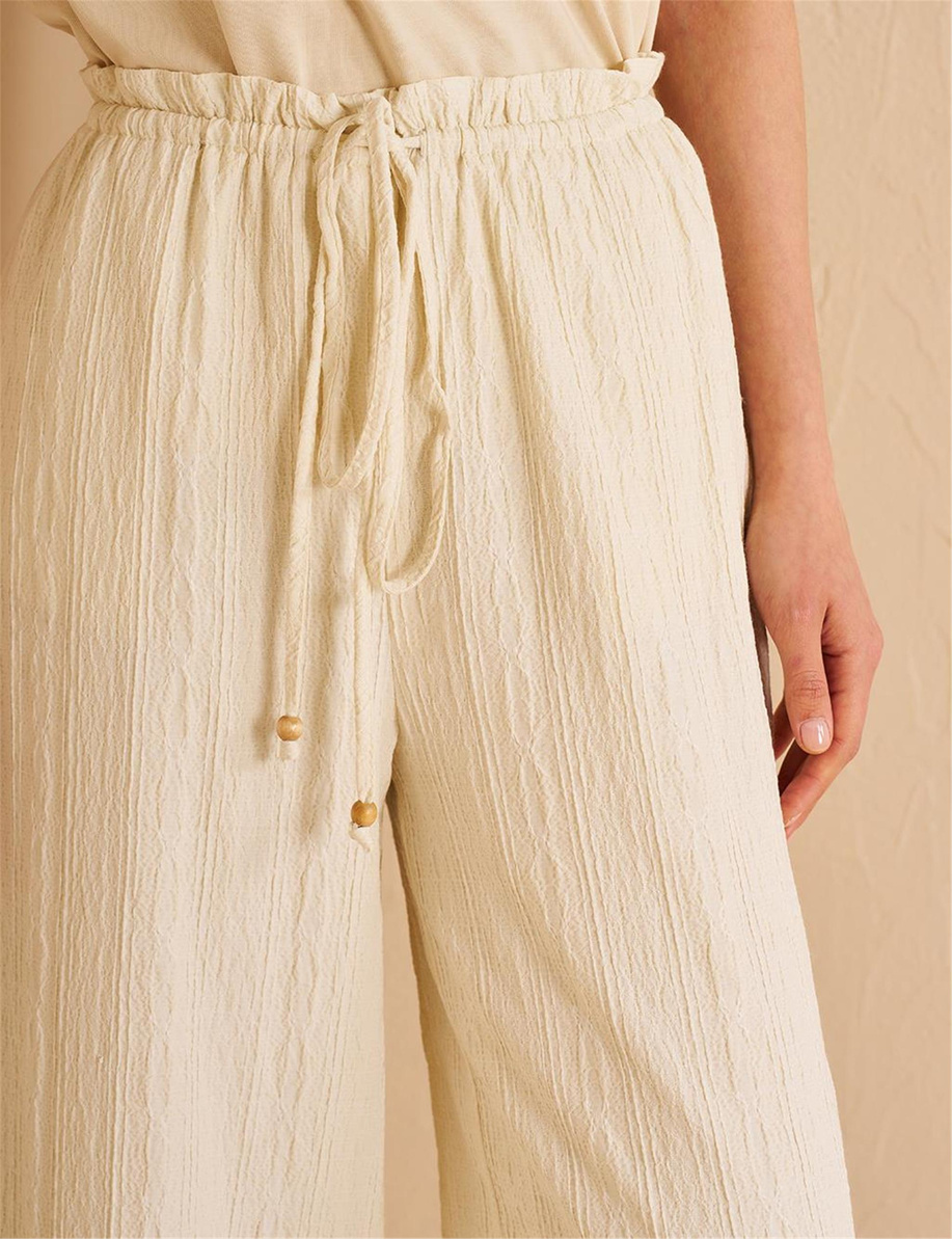 Yüksek Bel Gofreli Pantolon Ekru - KA-B25-19108