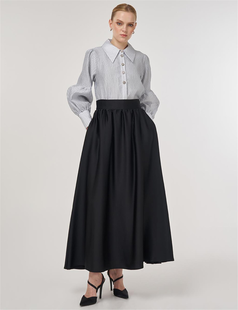 Yüksek Bel Saten Etek Siyah