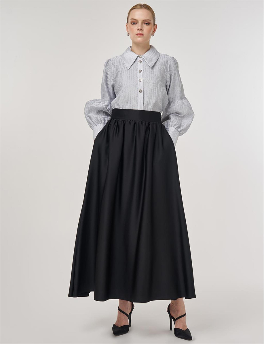 Yüksek Bel Saten Etek Siyah