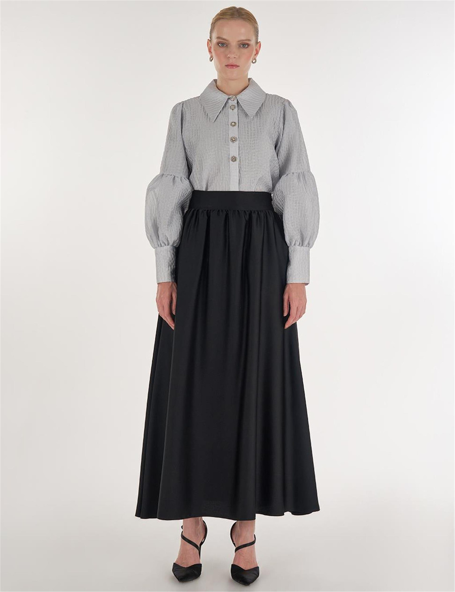 Yüksek Bel Saten Etek Siyah