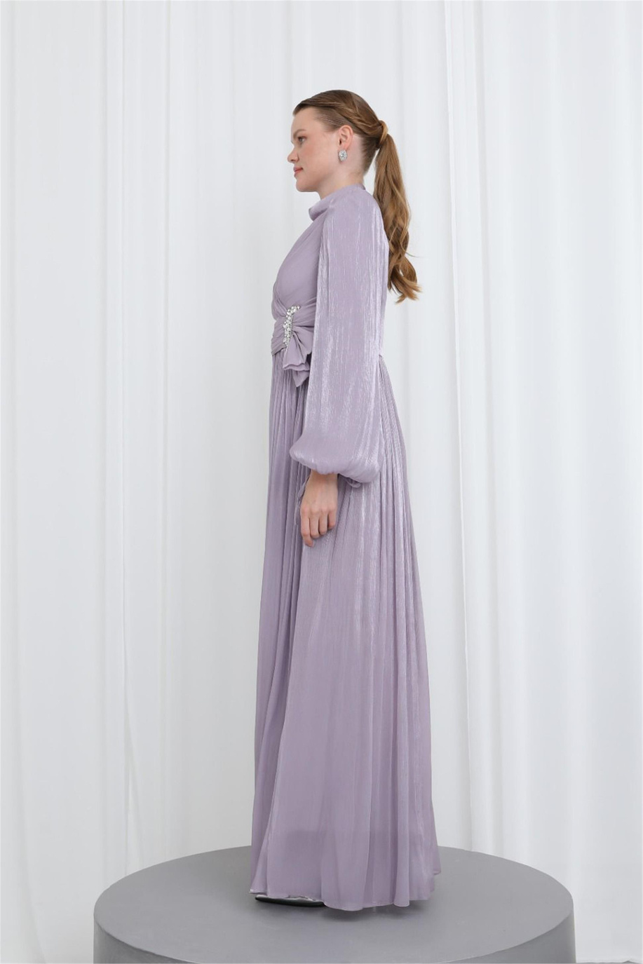 Zarif Taş Detaylı Piliseli Tunik Lila - 25YP17002