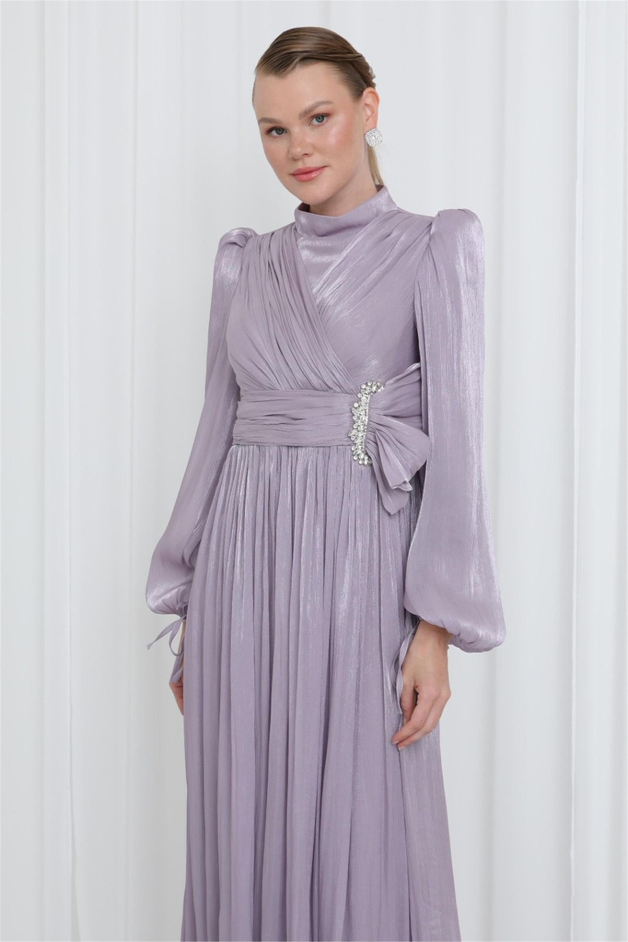 Zarif Taş Detaylı Piliseli Tunik Lila - 25YP17002