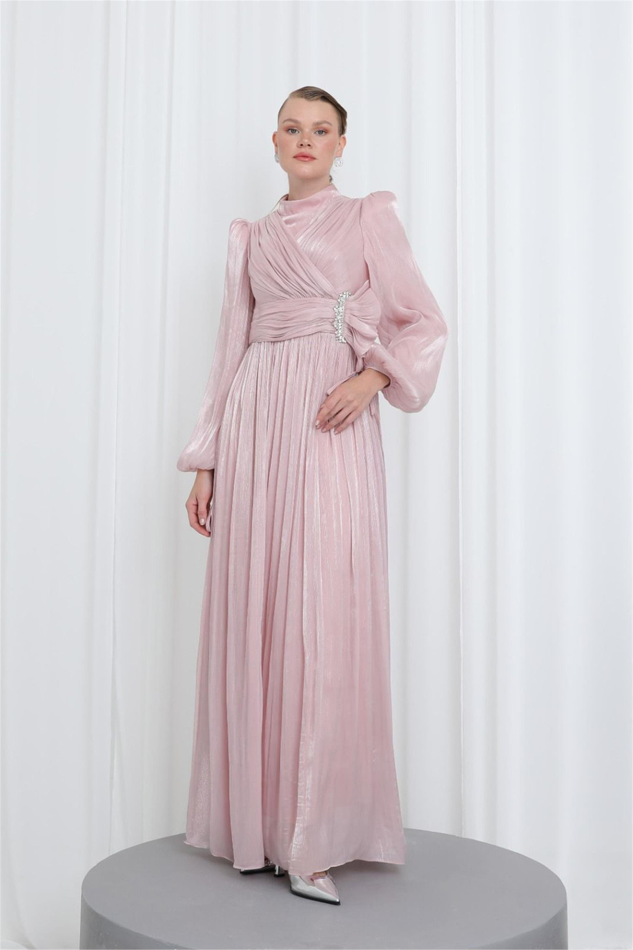 Zarif Taş Detaylı Piliseli Tunik Pudra - 25YP17002