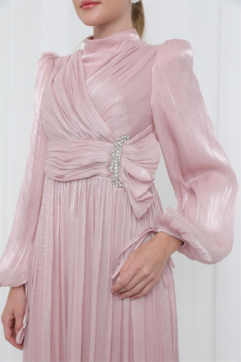 Zarif Taş Detaylı Piliseli Tunik Pudra - 25YP17002