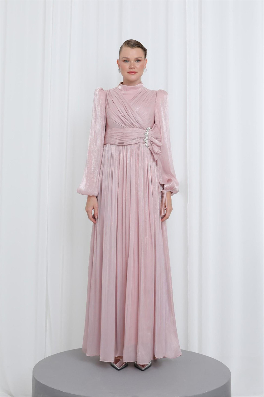 Zarif Taş Detaylı Piliseli Tunik Pudra - 25YP17002