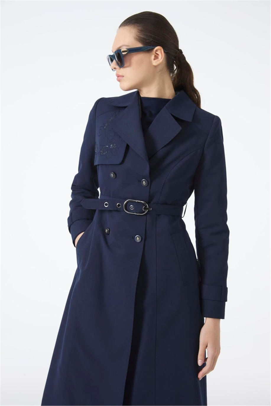 Zühre İşleme Detaylı Kemerli Lacivert Trençkot 13812