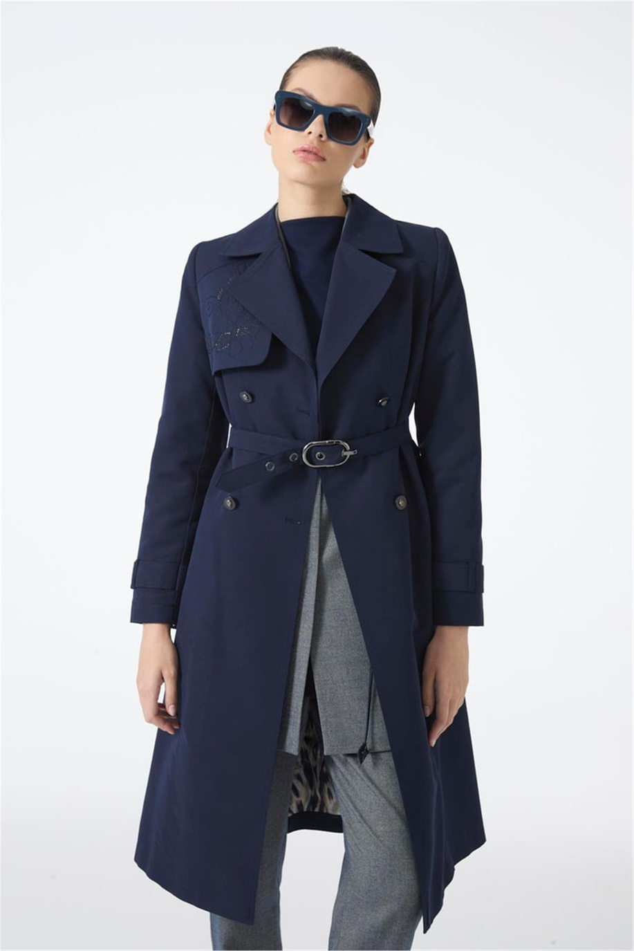 Zühre İşleme Detaylı Kemerli Lacivert Trençkot 13812