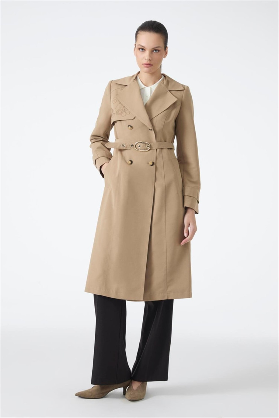 Zühre İşleme Detaylı Kemerli Vizon Trençkot 13812