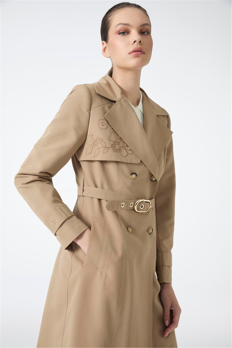 Zühre İşleme Detaylı Kemerli Vizon Trençkot 13812