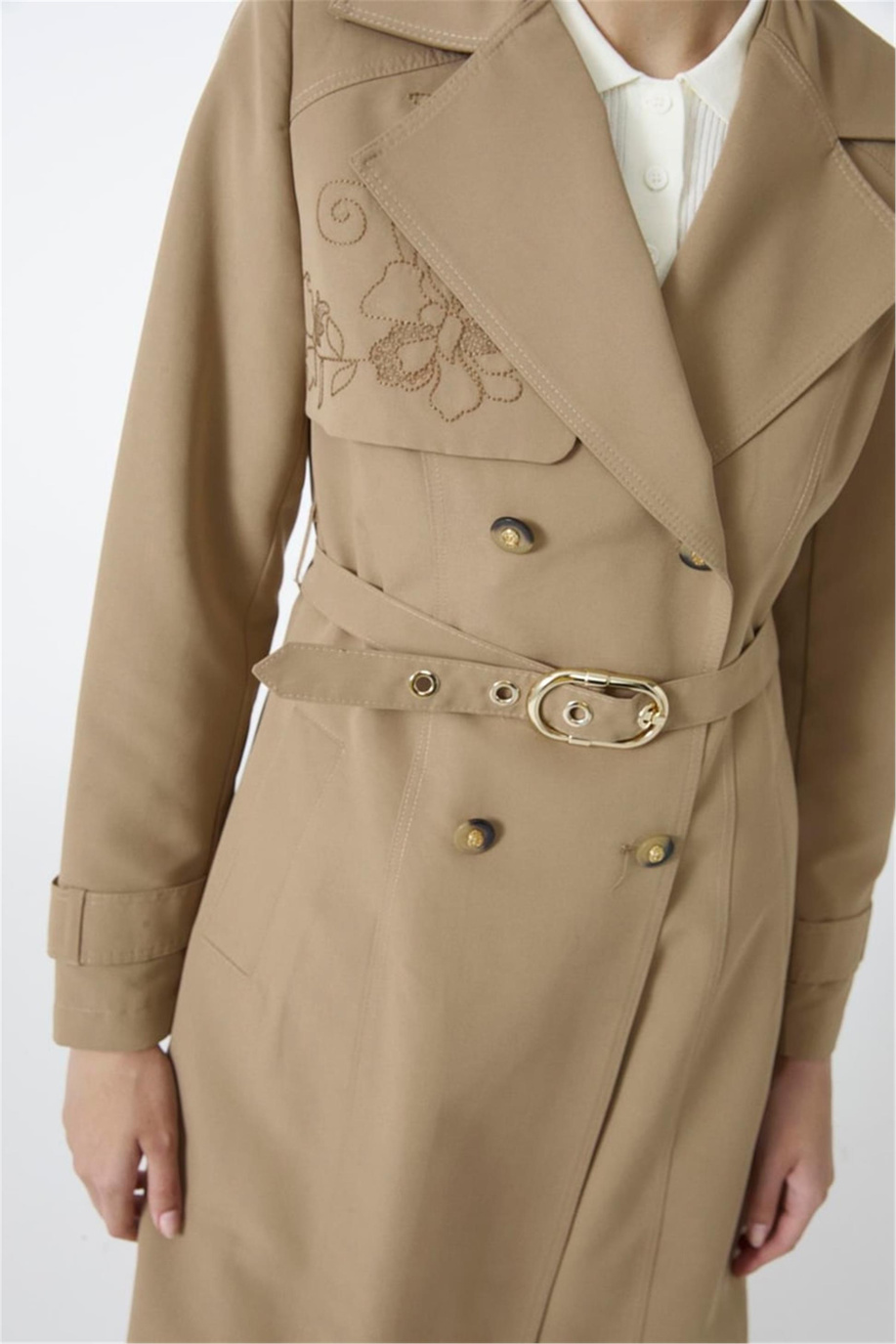 Zühre İşleme Detaylı Kemerli Vizon Trençkot 13812