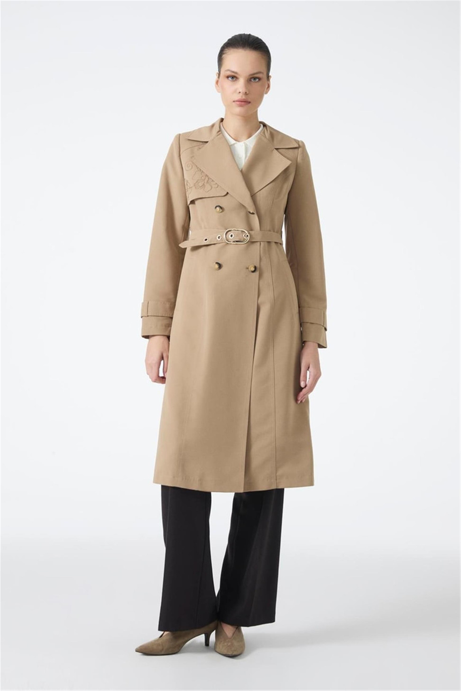 Zühre İşleme Detaylı Kemerli Vizon Trençkot 13812