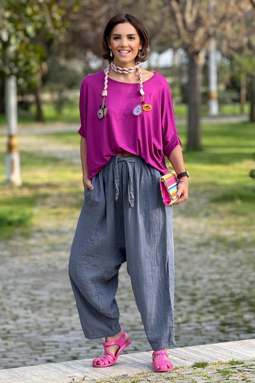 Antrasir Sezai Şalvar - %100 Pamuk Müslin Kumaş