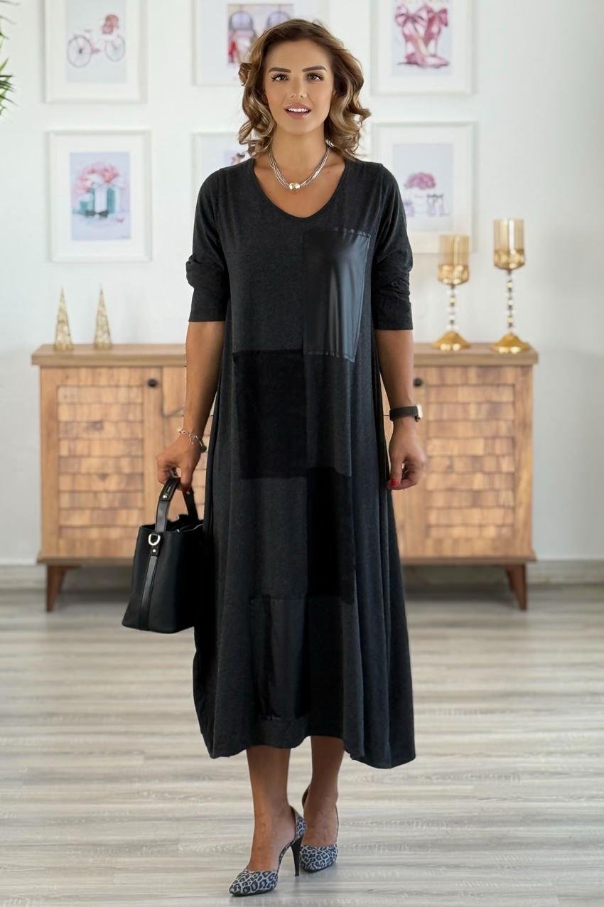 Antrasit Dama Desenli Yün Viskon Elbise