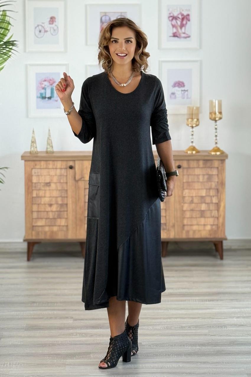 Antrasit Etek Ucu Asimetrik Deri Kesimli Elbise