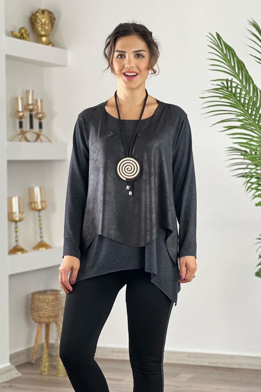 Antrasit Renk Kolye Hediyeli Tişört ve Deri Yelek Takım