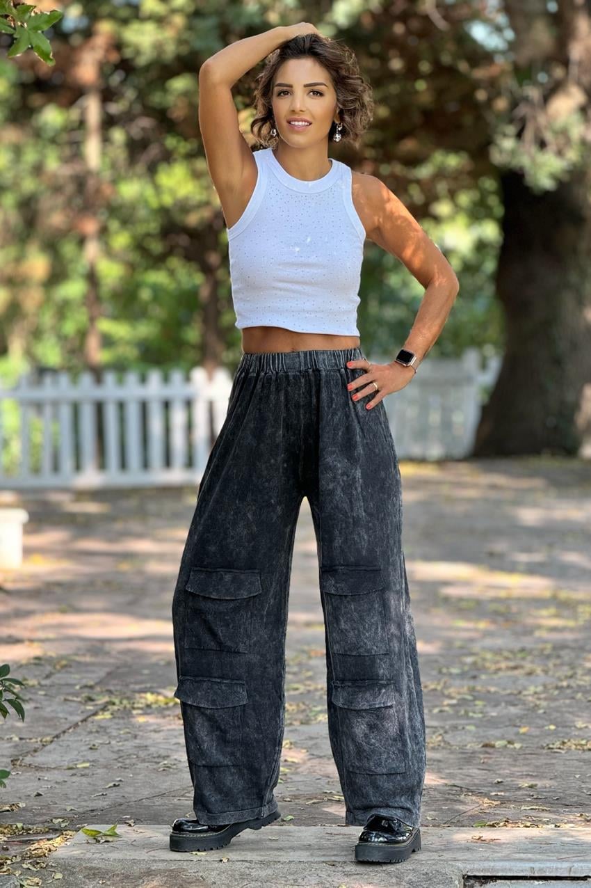 Antrasit Renk Parça Boya %100 Pamuk Tasarım Triko Pantolon