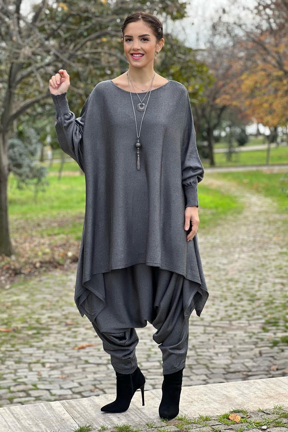 Antrasit Ürgüp Triko Şalvar Bluz Takım