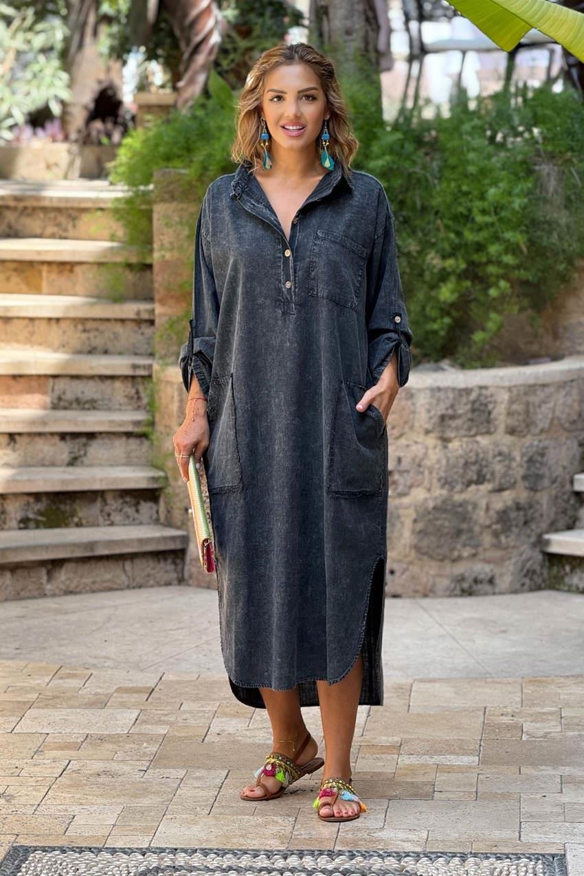 Antrasit Yarım Parça Boya %100 Saf Pamuk Elbise