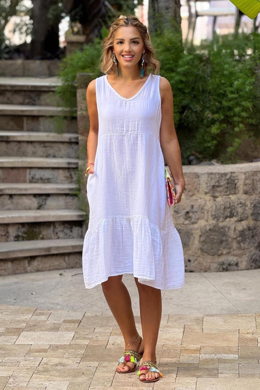 Beyaz Askılı Sırttan Bağlamalı Müslin Elbise