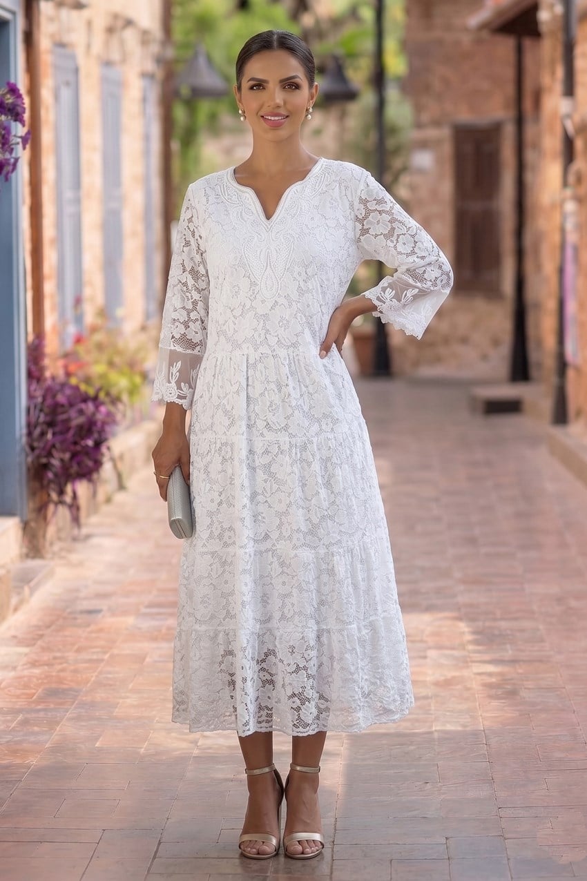 Beyaz Bella İtalyan Dantelli Elbise