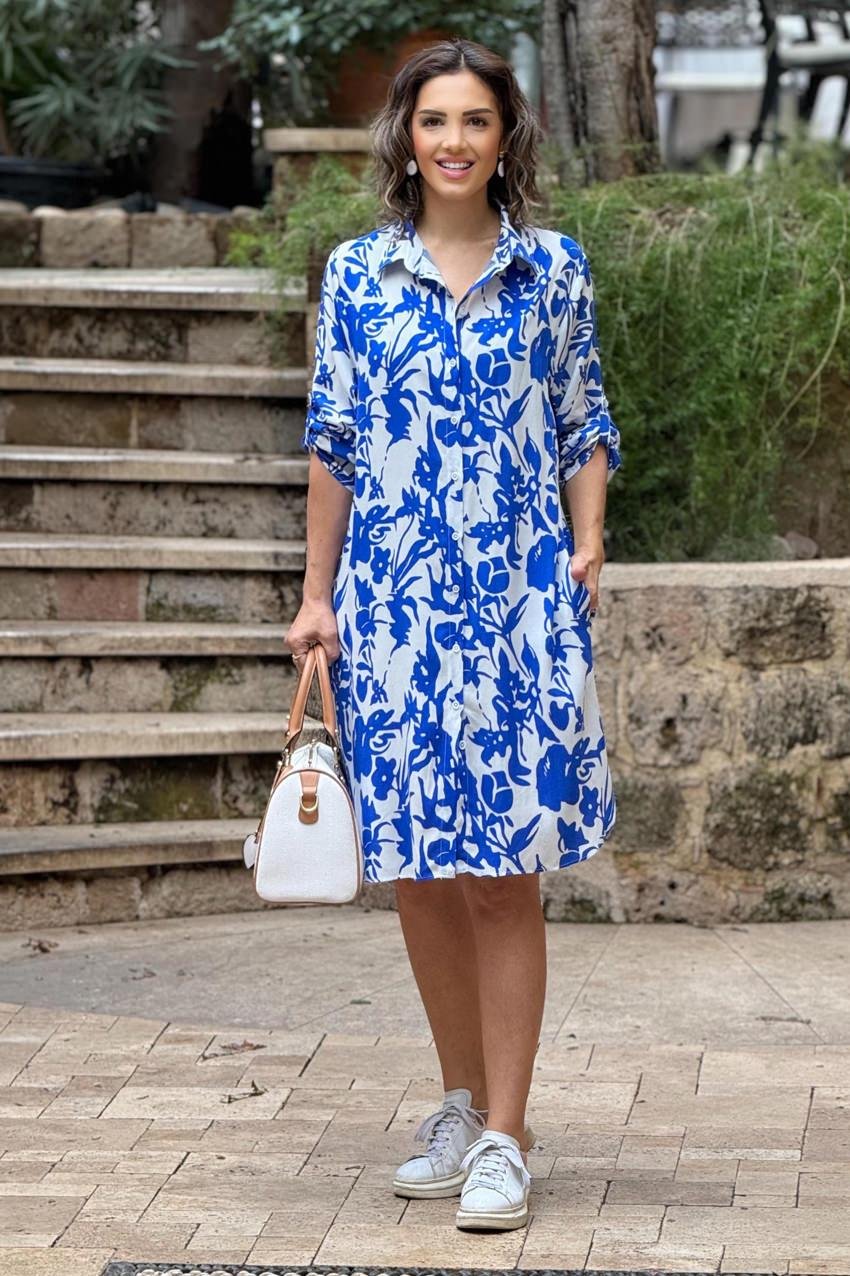 Beyaz Çiçekli %100 Pamuk Midi Boy Gömlek Elbise